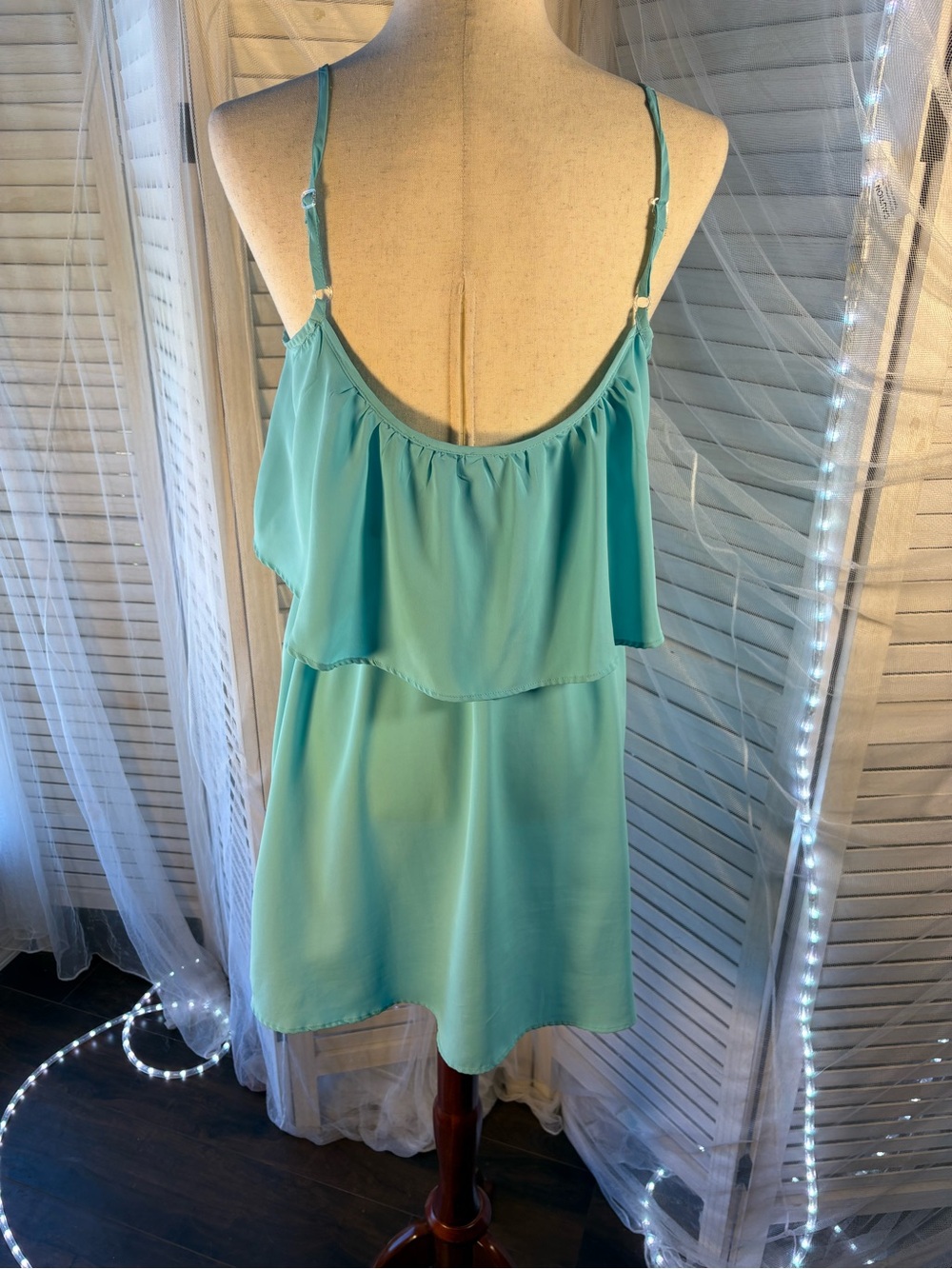 Fun & Flirt Aqua Ruffle-Front Spaghetti Strap Mini - Picture 4 of 5